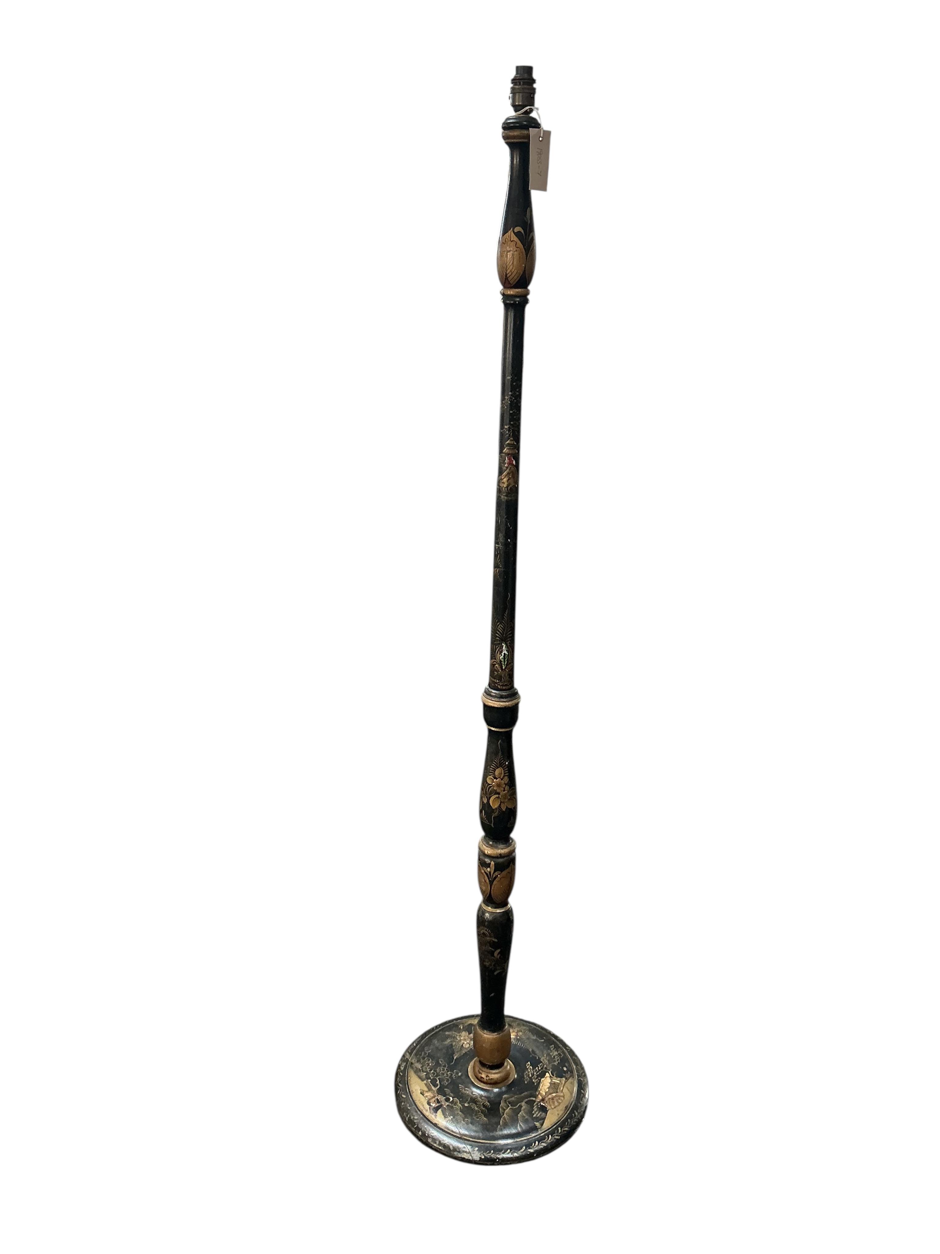 A chinoiserie lacquer standard lamp lacking shade, height 160cm